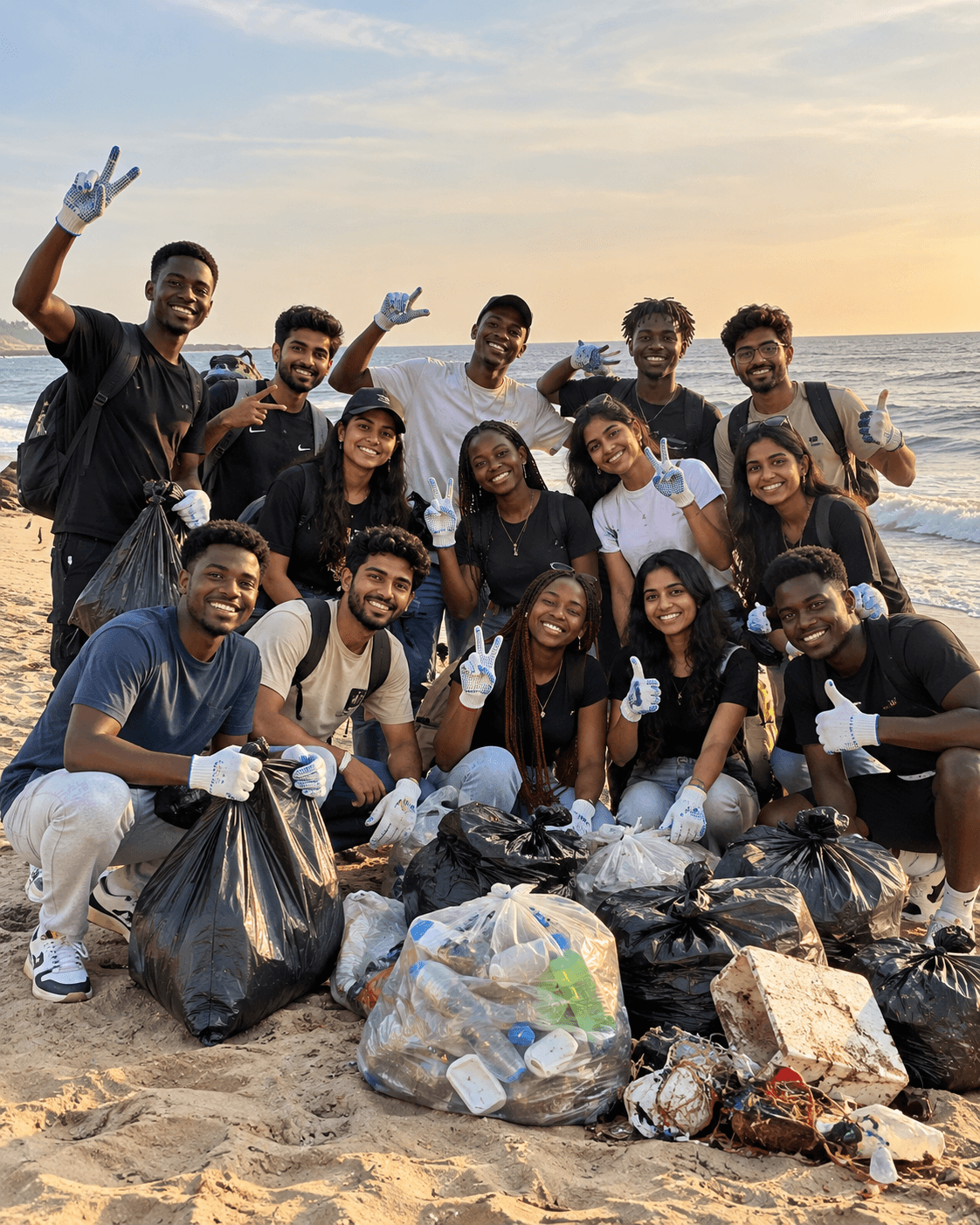 GreenFeed campaign image of students in casual clothes gathered on a beach with full waste bags and collected plastic bottles, promoting coastal cleanups.
