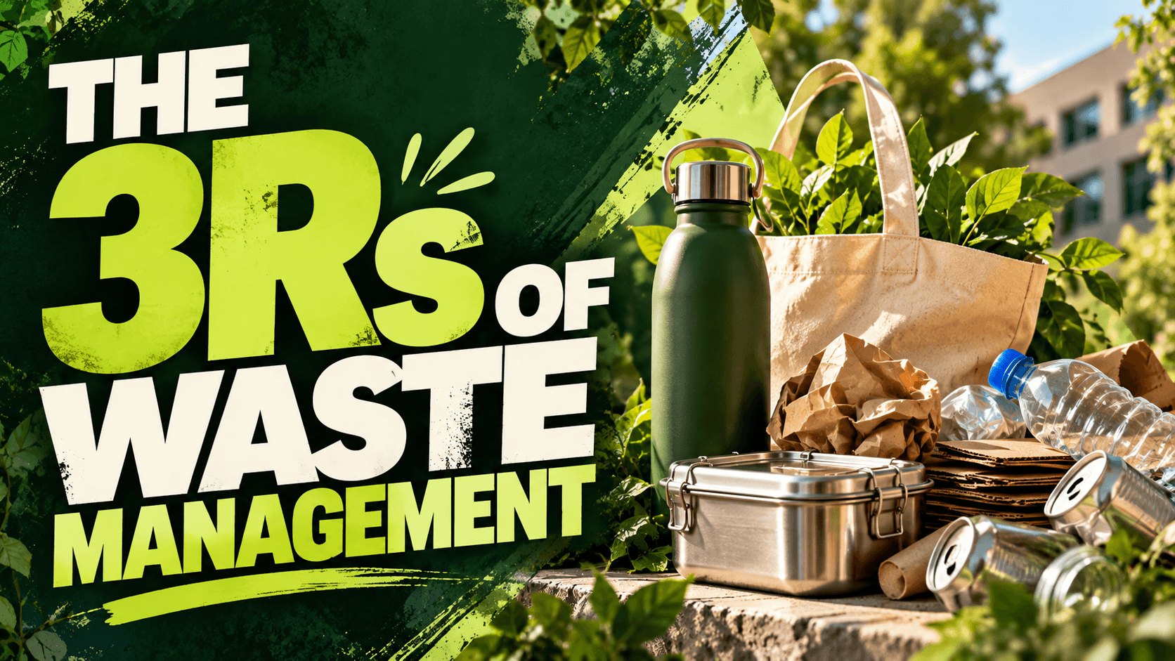 GreenFeed cover reading 'The 3Rs of Waste Management' beside a reusable water bottle, cloth bag, lunch box, flattened cardboard, and clean recyclables.