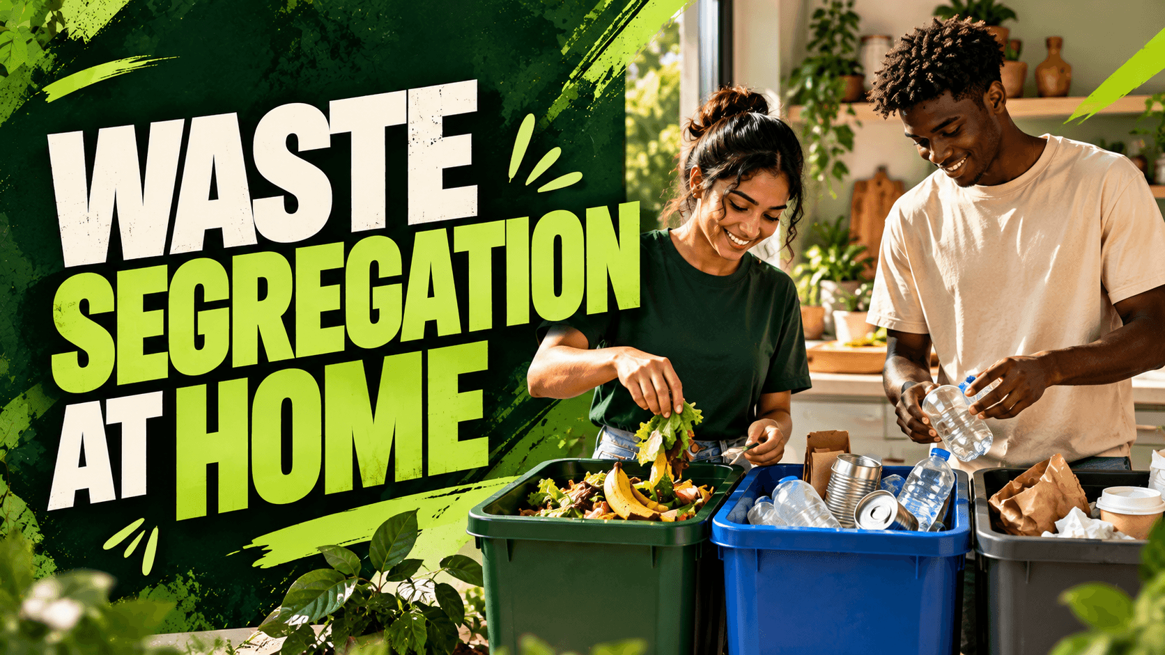 GreenFeed cover reading 'Waste Segregation At Home' showing two students sorting food scraps, clean recyclables, and residual waste into three bins.