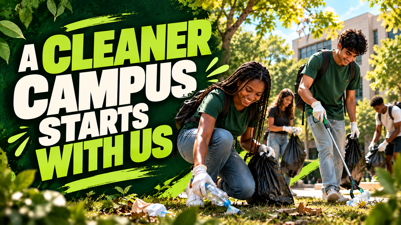 GreenFeed cover reading 'A Cleaner Campus Starts With Us' showing students collecting litter with gloves and a litter picker on a campus lawn.
