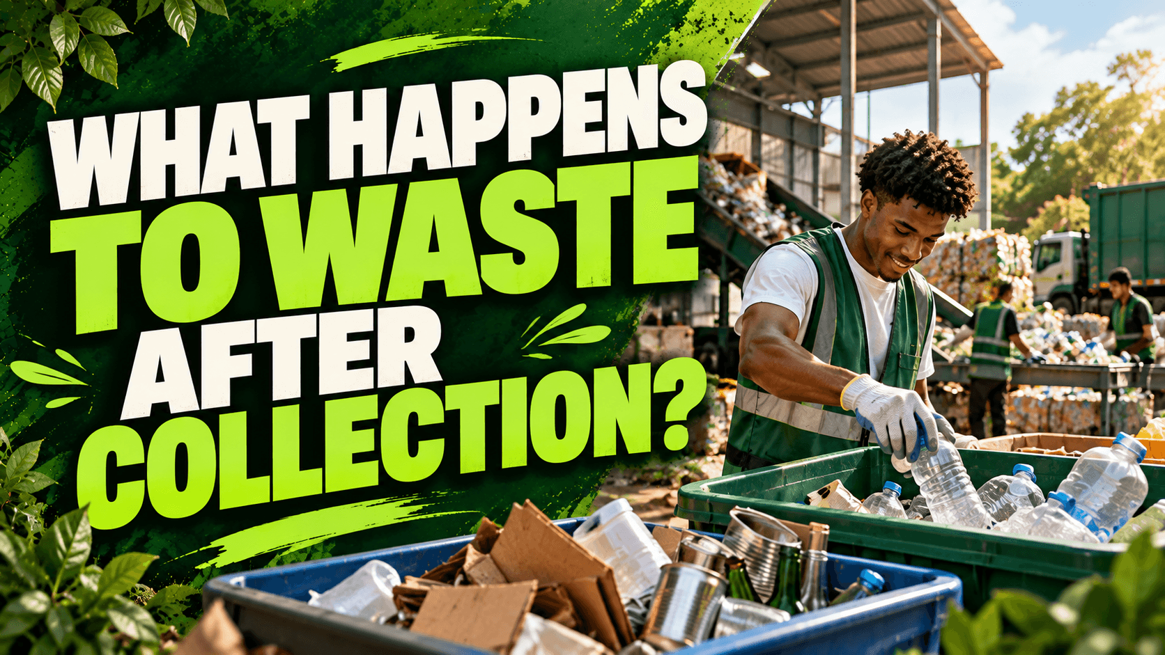 GreenFeed cover reading 'What Happens to Waste After Collection?' showing a worker sorting plastic bottles and recyclables at a collection facility.